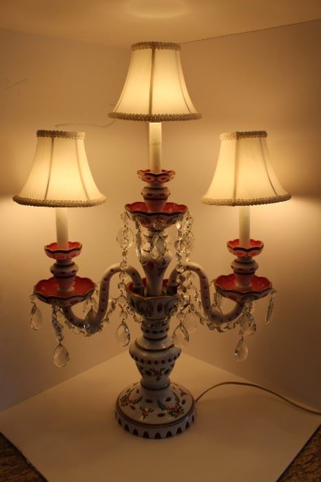 Bohemian cased glass white cut to cranberry triple lamp in excellent condition.