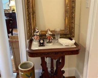 VICTORIAN PARLOR TABLE. ANTIQUE COBALT AND GOLD CLOCK. NICE SELECTION OF ANTIQUE AND VINTAGE FRAMES