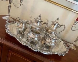 GORHAM STERLING TEA SET AND BEAUTIFUL GORHAM SILVER PLATE TRAY.