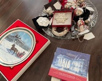 LARGE SELECTION OF WHITE HOUSE CHRISTMAS ORNAMENTS. SOLID BRASS LUNTZ AND REED & BARTON CHRISTMAS ORNAMENTS AS WELL.