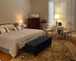 MASTER BEDROOM. BEAUTIFUL KARASTAN RUG. RESTYLED SHIELD BACK CHAIRS AND DRUM TABLE