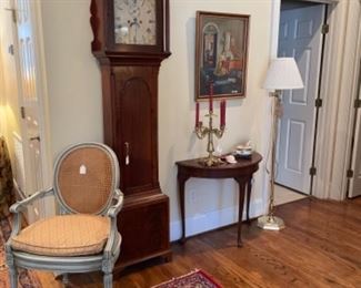 BEAUTIFUL ANTIQUE CASE CLOCK.  NICE DEMILUNE ACCENT TABLE.