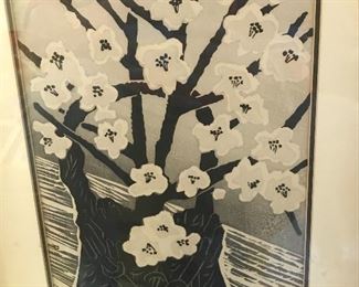 Late 1960s original signed engraving.  Dogwood in Vase
Gihachiro Okuyama, Woodcut, Japanese 

