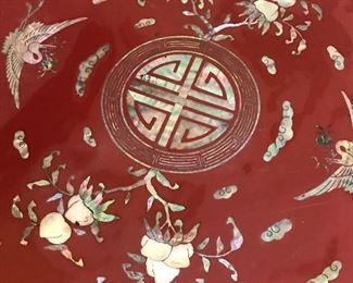 Wonderful Japanese red lacquered Saki/Serving table.  MINT mother of pearl inlay.
