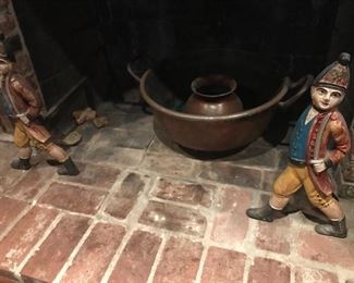 Pair of amazing Hessian marching soldiers andirons with polychrome paint.
Antique English copper pots
