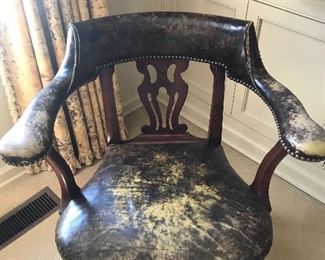 Antique English walnut arm chair with original leather!!  