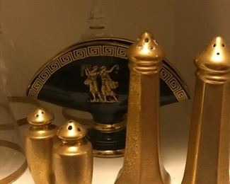 1920s  gilt salt and pepper shakers
Mid century black Greek motif napkin holder.