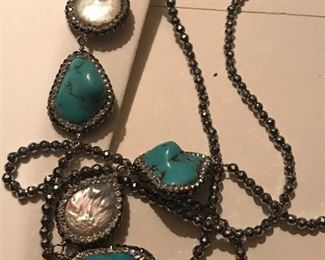 Beautiful natural turquoise  and blister pearl necklace with hematite beads.