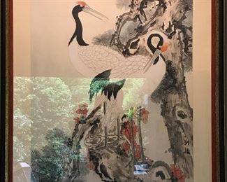 Gorgeous 1940s hand painted ink Japanese cranes on paper