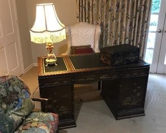 Stunning chinoiserie desk with stamped gold leather top...1950s