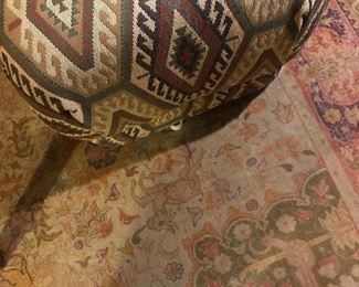 Amazing smaller Oushak rug in fades yellows and greens
Custom Kilim ottoman 