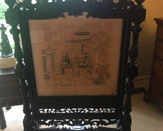 Monumental Victorian carved mahogany screen with Chinese silk embroidery.  Amazing condition!