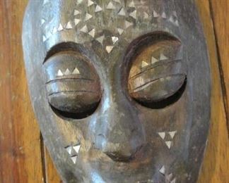 African Wood Mask with Shell Inlay