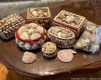 Lot of 6 Seashells Boxes and a Bag of Shells