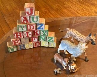 Vintage Blocks and Animal Figurines