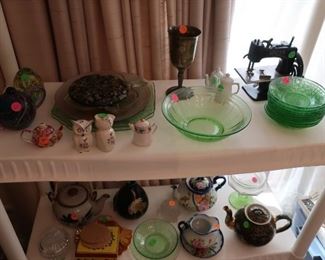 green  depression  glass, decor, vintage singer toy sewing machine(sold)