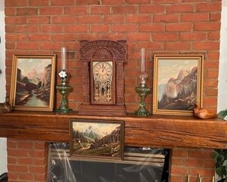 Gingerbread clock, original art work, pair of green depression oil lamps