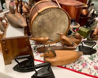 Antique wood drum, several irons