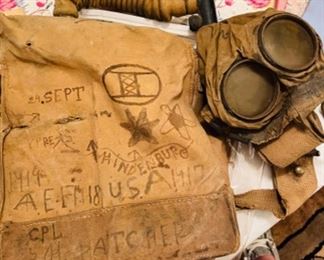 WW1 gas mask in canvas backpack