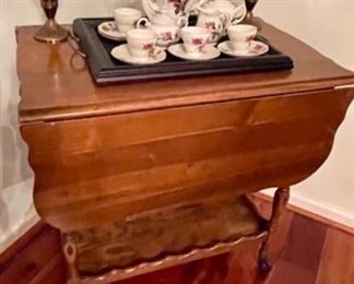 tea cart, sterling candlesticks, Moss Rose tea set