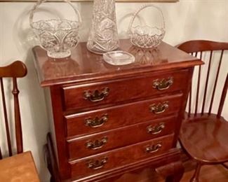 silverware chest, cut glass vase, windsor chairs