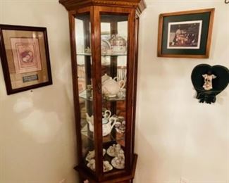 lighted small curio, teapots