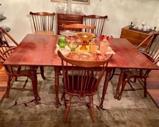 cherry drop-leaf dining table with 4  matching windsor chairs, 2 oak windsor arm chairs