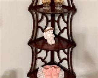 corner knick-knack shelf, pink milkglass