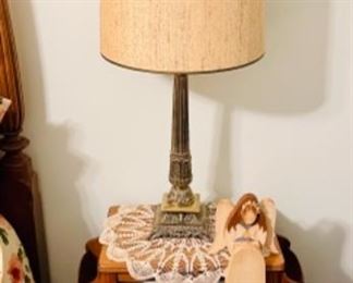 magazine table, vintage brass lamp