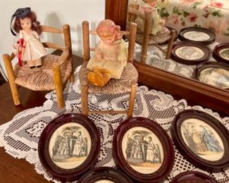 set of 5 oval framed Victorian prints, chalkware girl