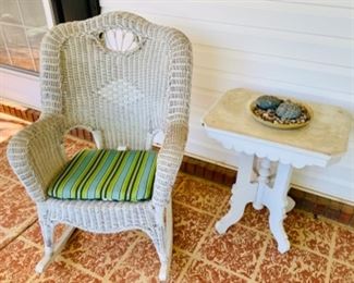 wicker rocking chairs, painted Eastlake table