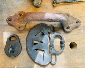 old lock with key, cast iron handle