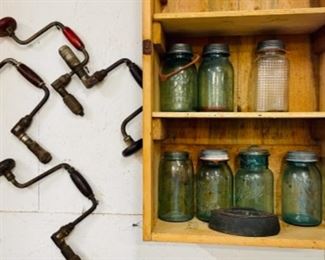 old canning jars, old hand drills