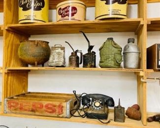 Charles Chips cans, canteens, oil cans, pepsi crate, cast iron small cauldron