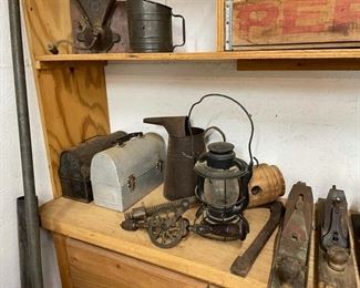 wood working planes, oil can, lanterns, lunchboxes