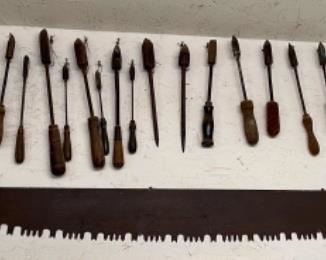 2 man antique saw, soldering irons