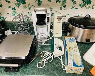 waffle maker, hand mixer, electric knife, crock pot, Keurig, can opener