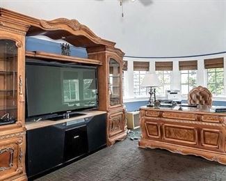Home office furniture ~  Michael Amini (AICO) executive desk, plush leather desk chair, 12 foot wide entertainment unit, and 66” wide workstation (see other photos at the end of the list)