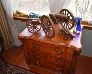 Three drawer chest ( SOLD on line).                                                                                      Three handcrafted Brass canons !!!!
