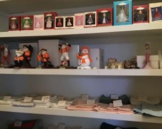 Beautiful linens, Barbie doll ornaments, Clemson memorabilia 