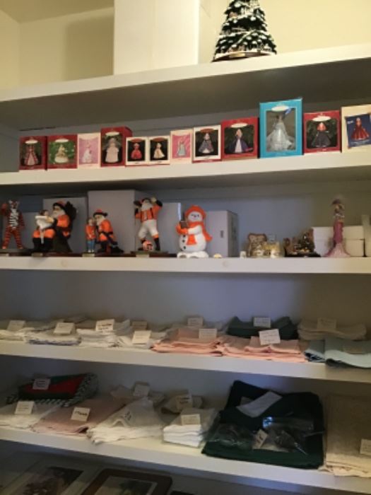 Beautiful linens, Barbie doll ornaments, Clemson memorabilia 