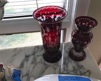 Cranberry cut to clear vases 