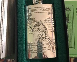 Pebble Beach flask.  English pewter heavily engraved front and back in original box.