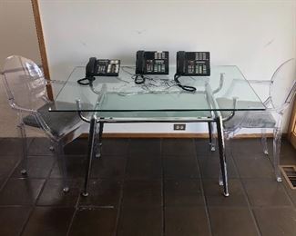 Lucite chairs glass table