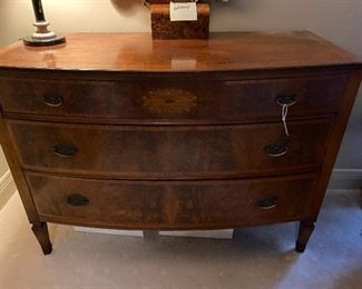 Lot #107 $650  Bowfront chest upstairs
48"W x 34-1/2”H x 22”D