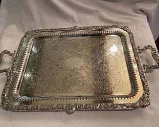 #29 $165 Rectangular silver plate tray 23 x 17. Footed,  crown SGCP mark