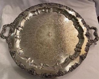 # 26 $225 Large round silver plated tray, monogram, Nickel silver USA 25-3/4" excluding handles