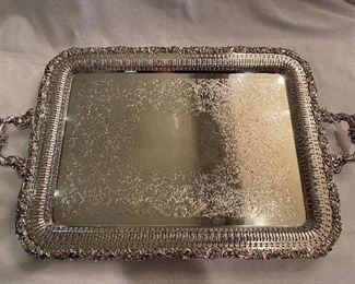 Lot#28- $195 -23"x17" silver plated tray, pierced edge 24 x 20. Footed chased Webster Wilcox 1392