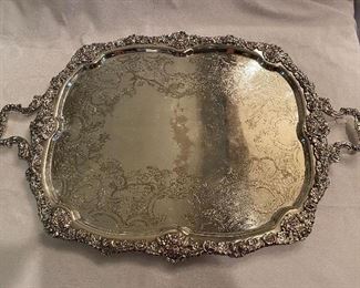 Lot #27 $175 24"x20" bun feet silver plated. some wear on top. Harbour SP Co. hand chased 1002
