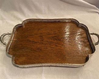 #34 $85 as is Lobed silver plated tray. pierced gallery, wood insert. Some issues with wood and missing some screws holding wood in, but still very functional